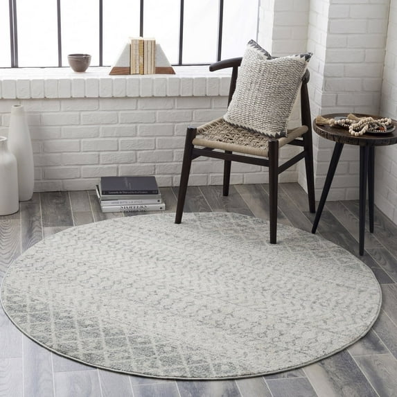Livabliss Area Rugs for Living Room, 9ft Round Elaziz Global Gray Round Rug, Bedroom Dining Room Home Decor Stain Resistant Carpet (7'10" x 7'10")