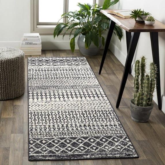 Livabliss Area Rugs for Living Room, 3x12 Elaziz Global Black Runner Rug, Bedroom Dining Room Home Decor Stain Resistant Carpet (2'7" x 12' Runner)