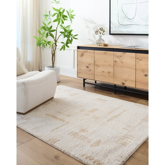 Livabliss Washable Rugs for Living Room, 5x7 Fossay Shag Modern Light Beige Area Rug, Bedroom Dining Room Home Decor Stain Resistant Carpet (5'3" x 7')