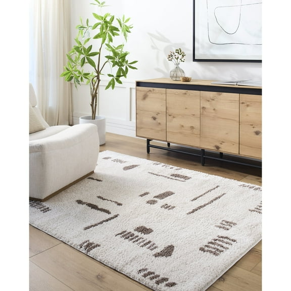 Livabliss Washable Rugs for Living Room, 5x7 Fossay Shag Modern Light Beige Area Rug, Bedroom Dining Room Home Decor Stain Resistant Carpet (5'3" x 7')