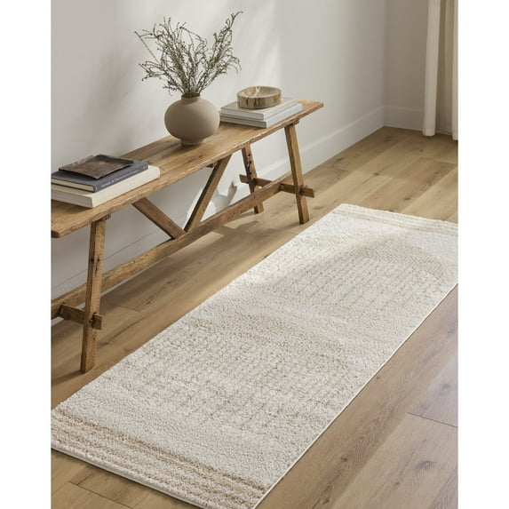 Livabliss Washable Rugs for Living Room, 3x7 Fossay Shag Global Light Beige Runner Area Rug, Bedroom Dining Room Home Decor Stain Resistant Carpet (2'7" x 7'3" Runner)