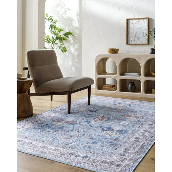 Livabliss Washable Rugs for Living Room, 7x9 Georgina Traditional Denim Area Rug, Bedroom Dining Room Home Decor Stain Resistant Carpet (6'7" x 9')