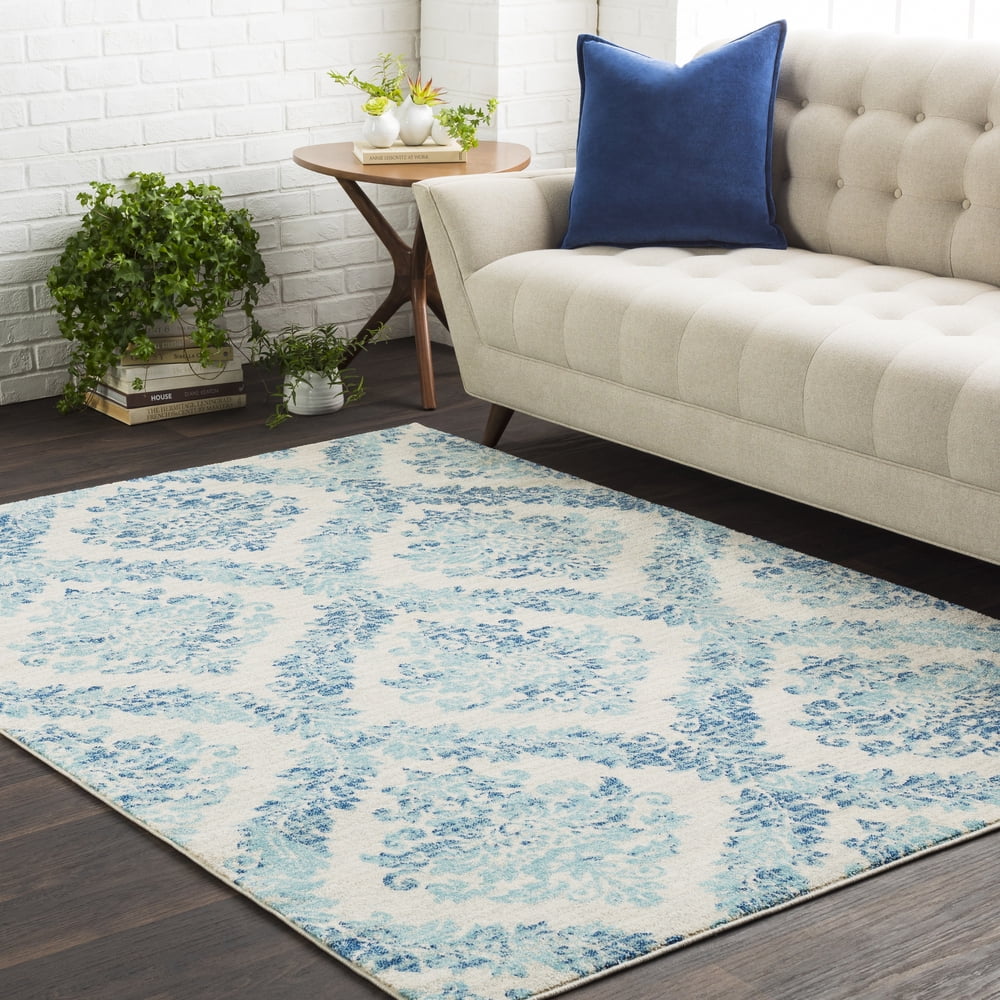 Blue and Beige Rectangular Synthetic Area Rug, 5' x 7'