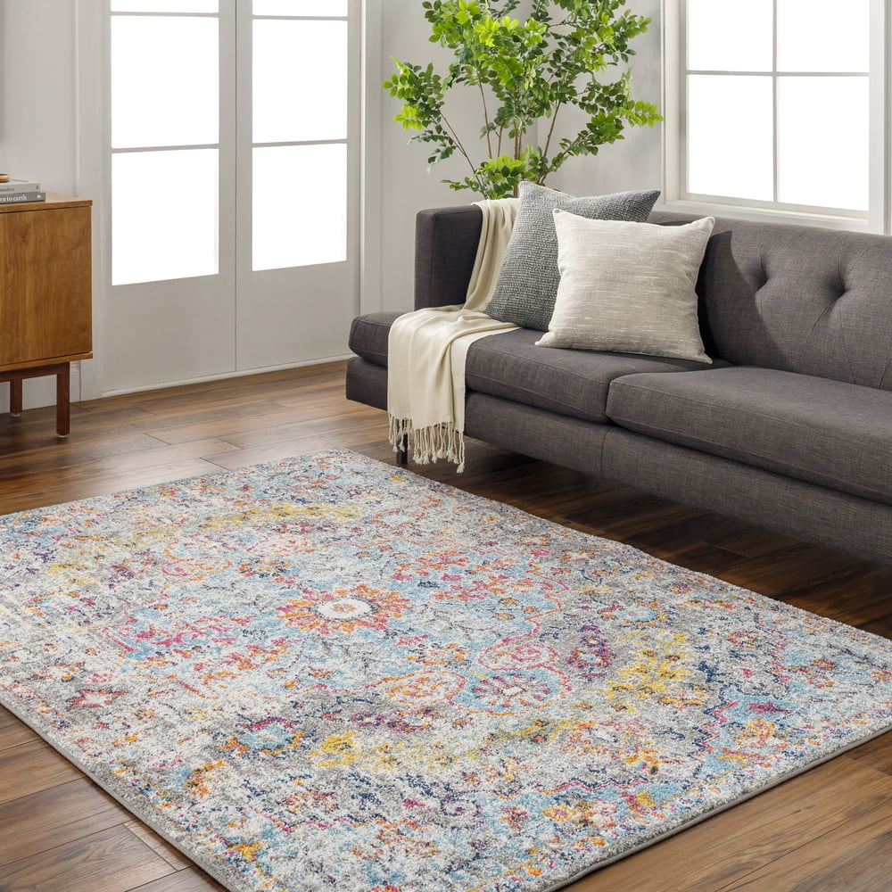 Gray and Aqua Oriental Synthetic Area Rug, 3'11" x 5'7"