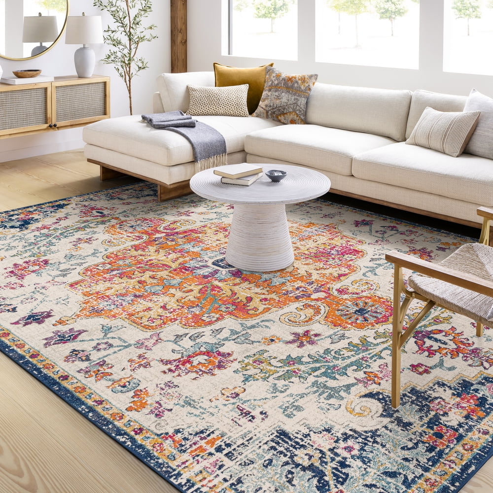 Harput Orange and Navy Synthetic Medallion Area Rug, 12' x 15'