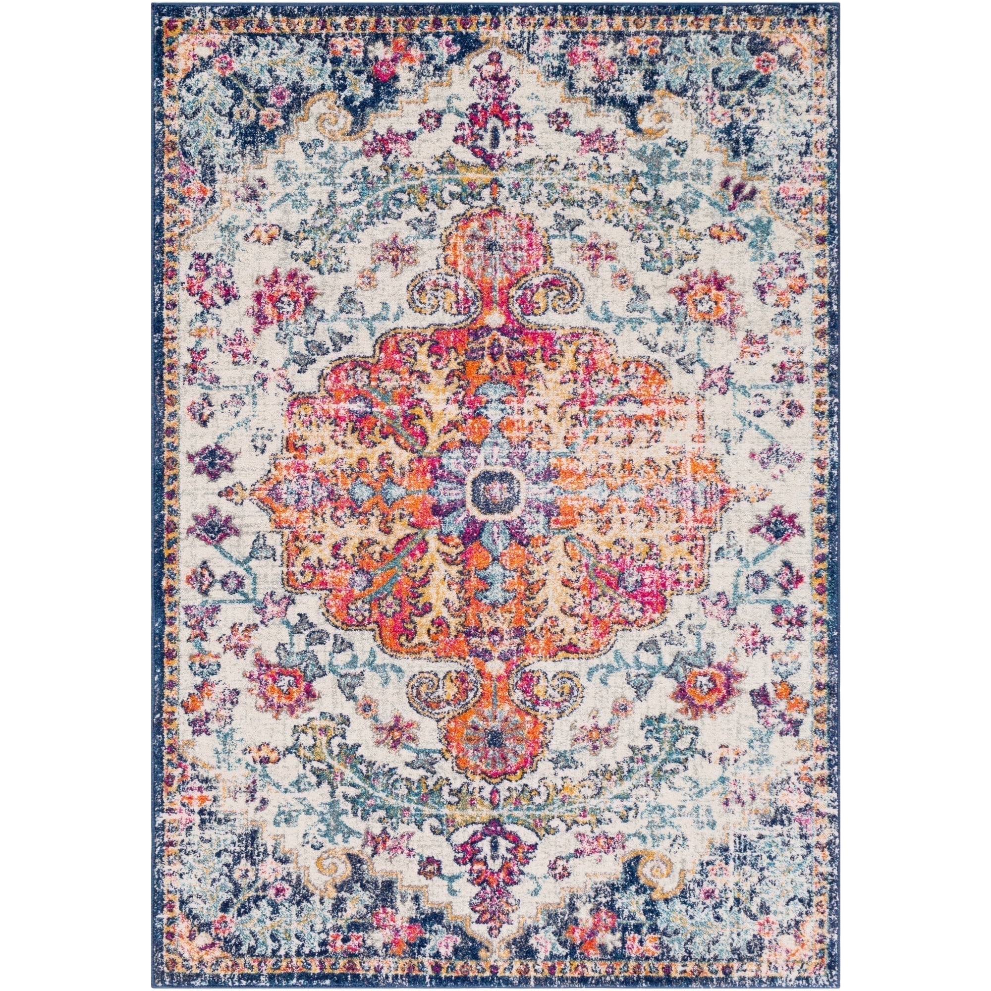 Orange and Navy Synthetic 4' x 6' Vintage Medallion Area Rug