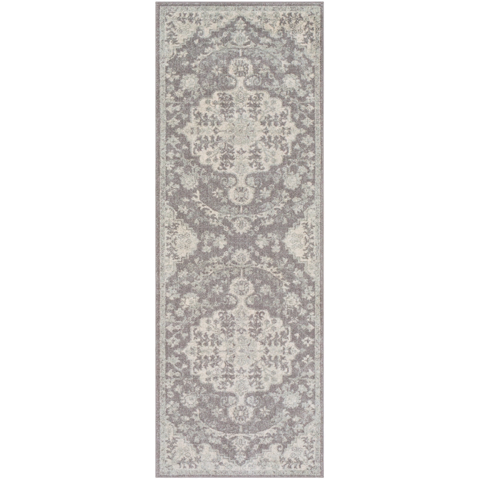 Gray Vintage Medallion Polypropylene Runner Rug, 2'7" x 7'3"