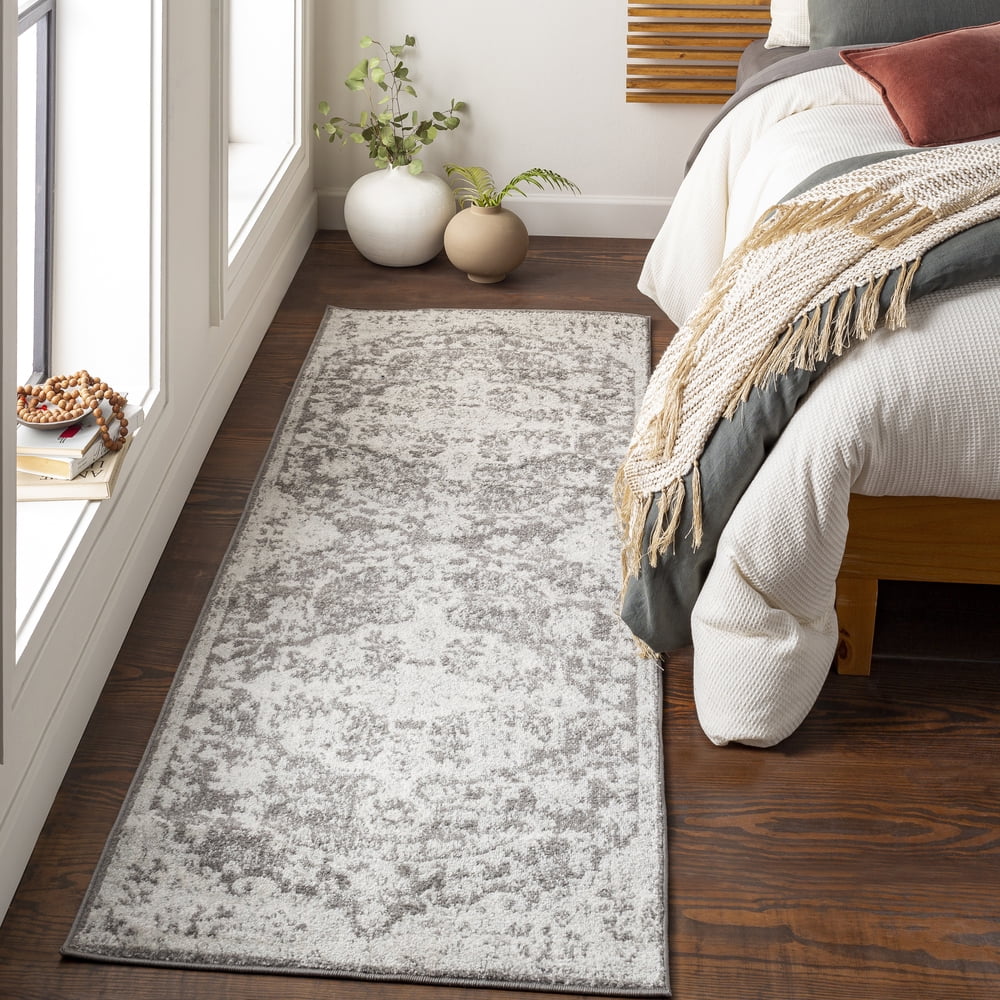 Gray Vintage Medallion Polypropylene Runner Rug, 2'7" x 7'3"
