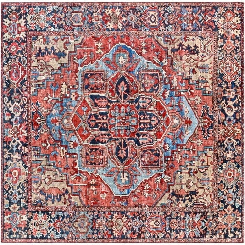 Bright Red Square Medallion Synthetic Area Rug