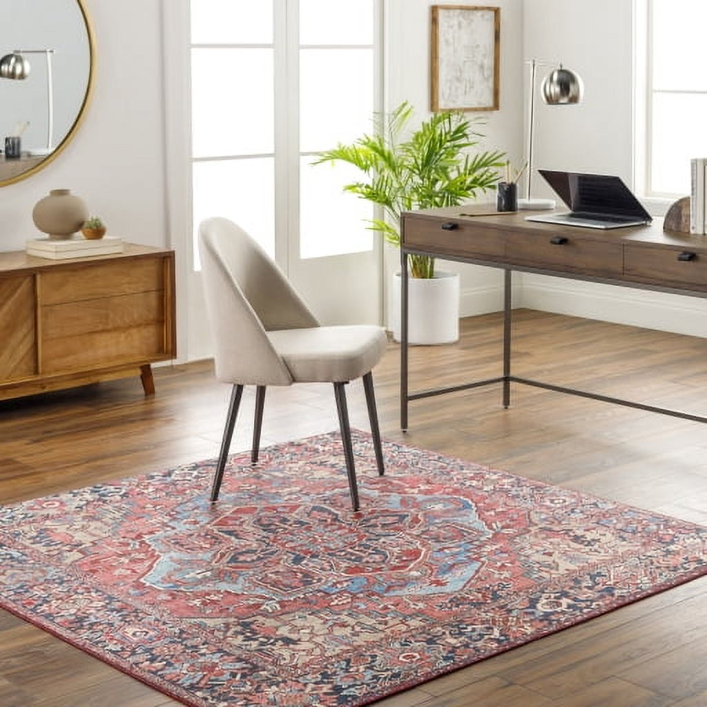 Bright Red Square Medallion Synthetic Area Rug
