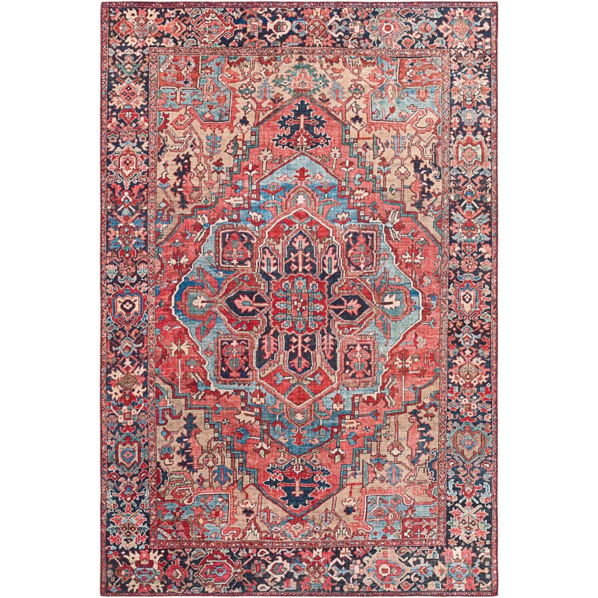 Bright Red and Blue Synthetic Vintage Rectangular Area Rug
