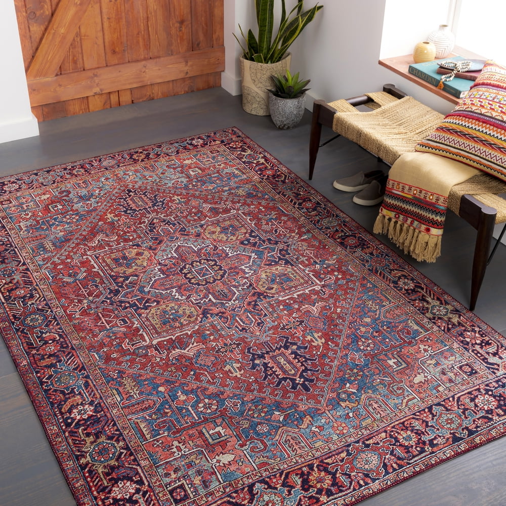 Livabliss Iris Blue and Red Synthetic Medallion Area Rug