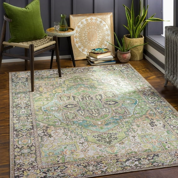 Livabliss Area Rugs for Living Room, 7x9 Iris Traditional Green Rug, Bedroom Dining Room Home Decor Stain Resistant Carpet (7'6" x 9'6")