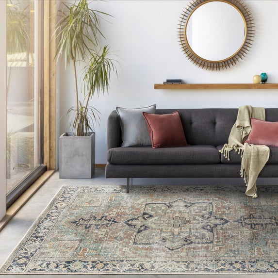 Livabliss Washable Rugs for Living Room, 8x9 Kemer Traditional Seafoam Area Rug, Bedroom Dining Room Home Decor Stain Resistant Carpet (7'7" x 9'6")