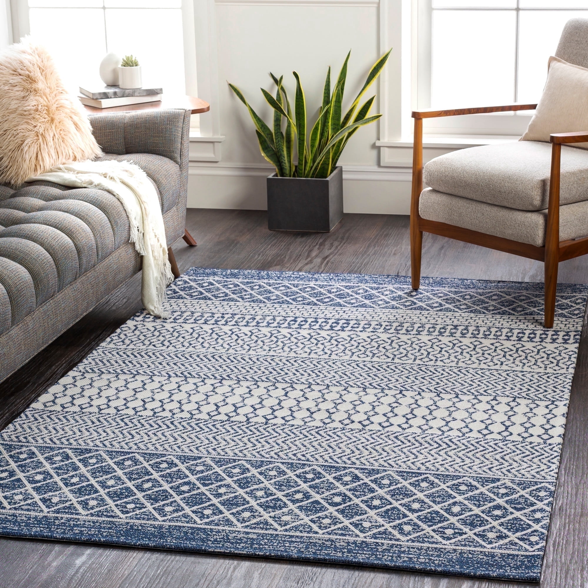 Livabliss Washable Rugs for Living Room, 8x10 La Casa Global Navy Area Rug, Bedroom Dining Room Home Decor Stain Resistant Carpet (7'7" x 10'2")
