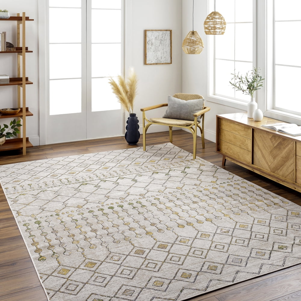 Global-Inspired Beige and Gray Washable Synthetic Area Rug, 5' x 7'