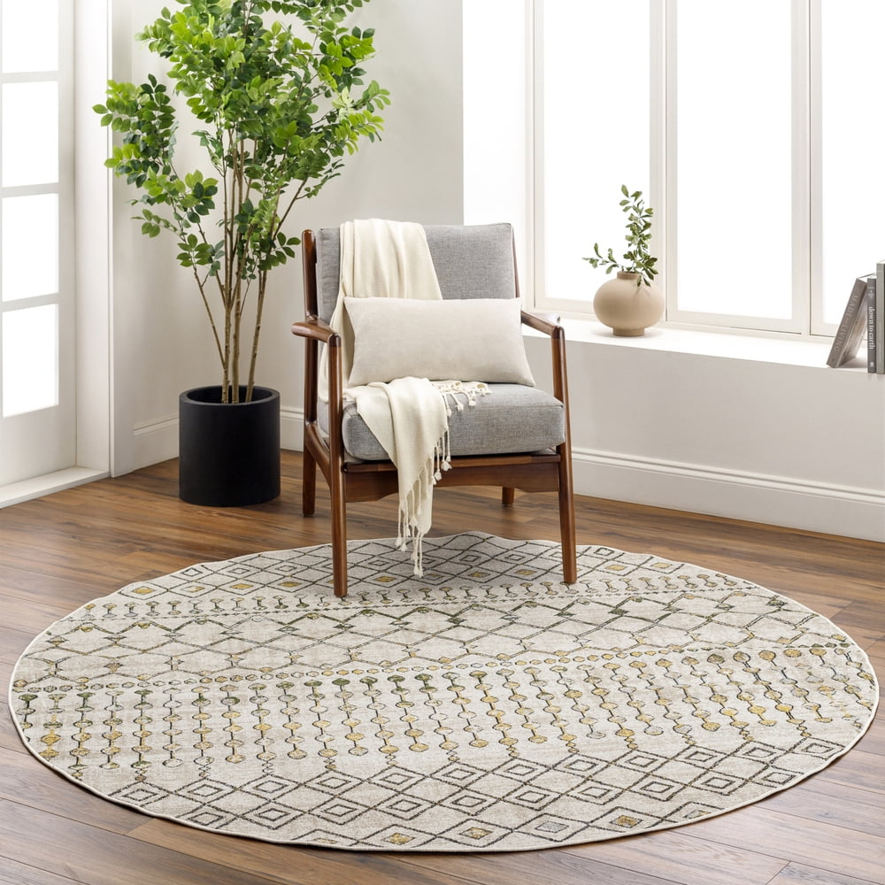Gray Geometric 6'7" Round Washable Synthetic Area Rug