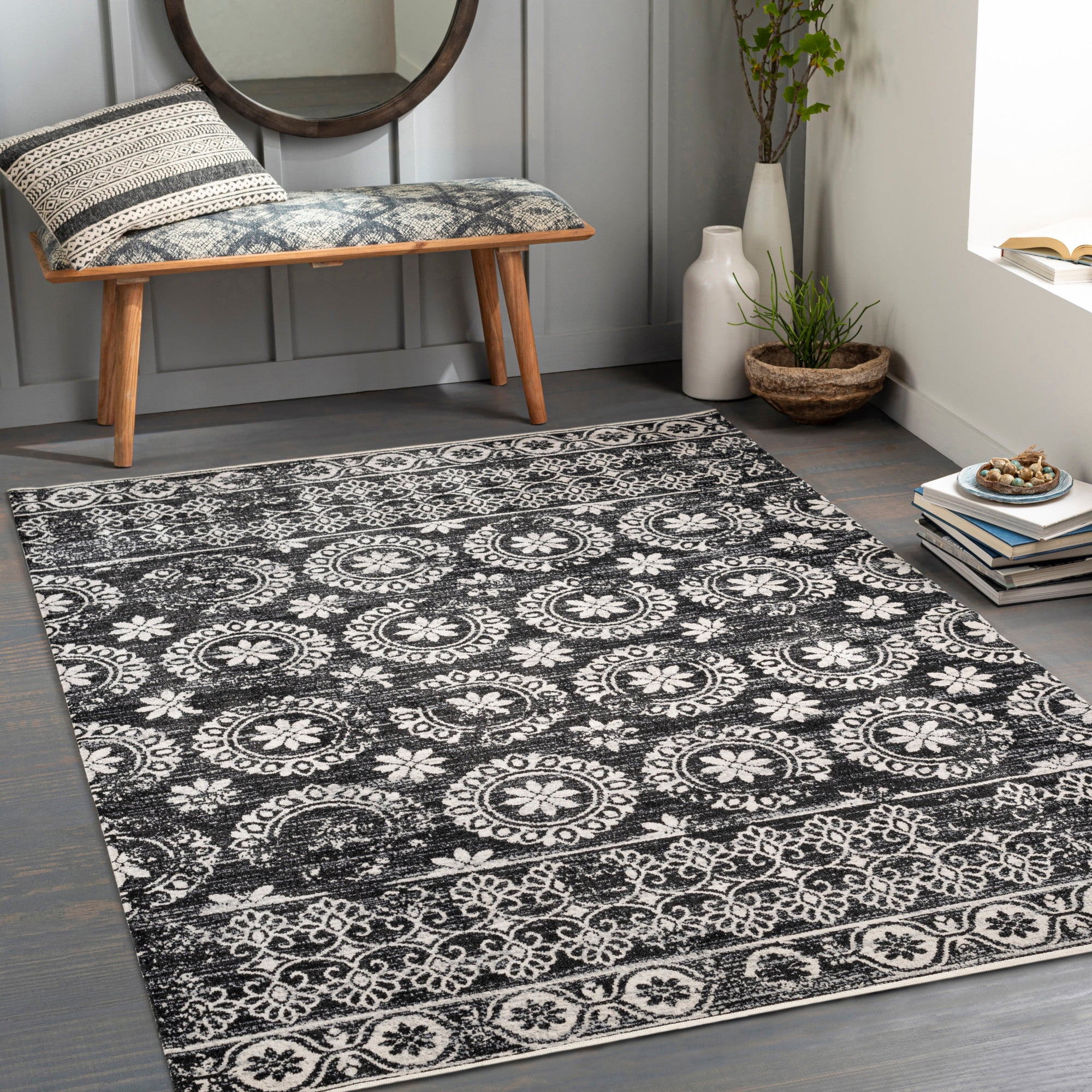 Livabliss Lavadora Medallion Machine Washable Indoor Area Rug, Black ,9'2" x 12'