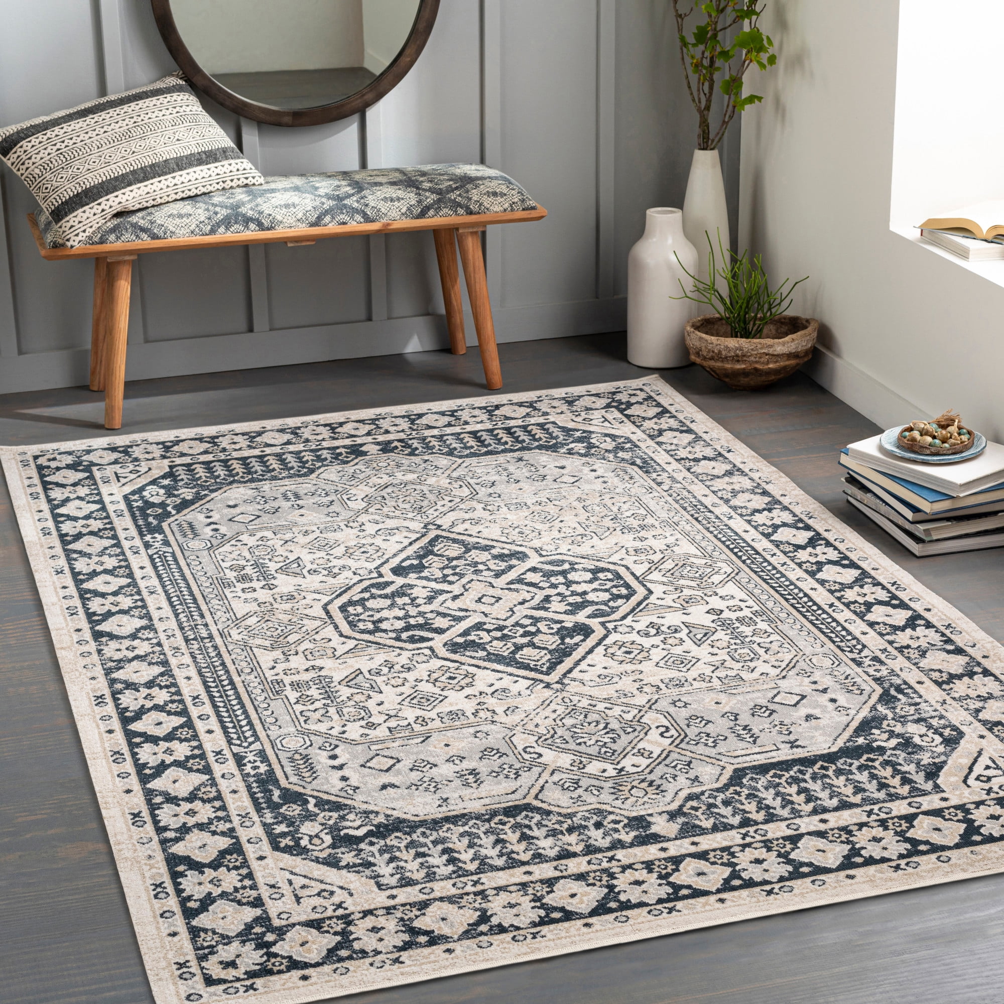Livabliss Lavadora Medallion Machine Washable Indoor Area Rug, Navy ,9'2" x 12'