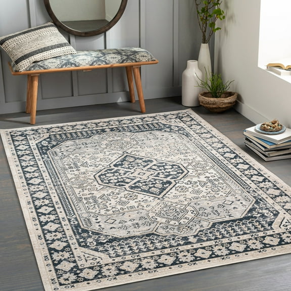 Livabliss Lavadora Medallion Machine Washable Indoor Area Rug, Navy ,9'2" x 12'