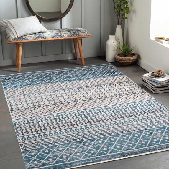 Livabliss Washable Rugs for Living Room, 7ft Round Lavadora Global Ink Blue Round Area Rug, Bedroom Dining Room Home Decor Stain Resistant Carpet (6'7" x 6'7")