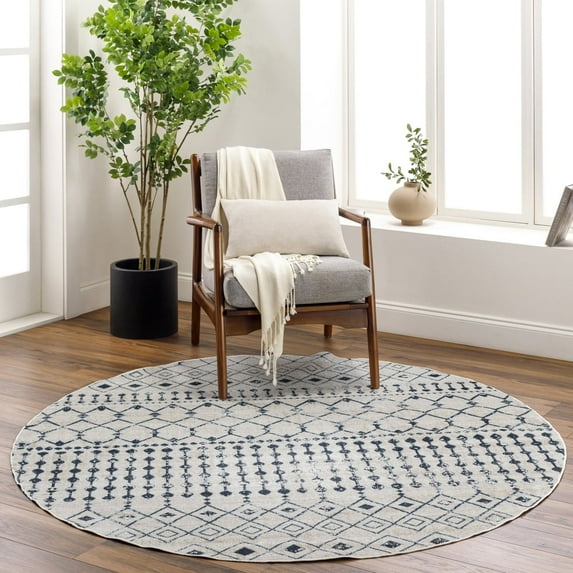 Livabliss Washable Rugs for Living Room, 7ft Round Lavadora Global Ink Blue Round Area Rug, Bedroom Dining Room Home Decor Stain Resistant Carpet (6'7" x 6'7")