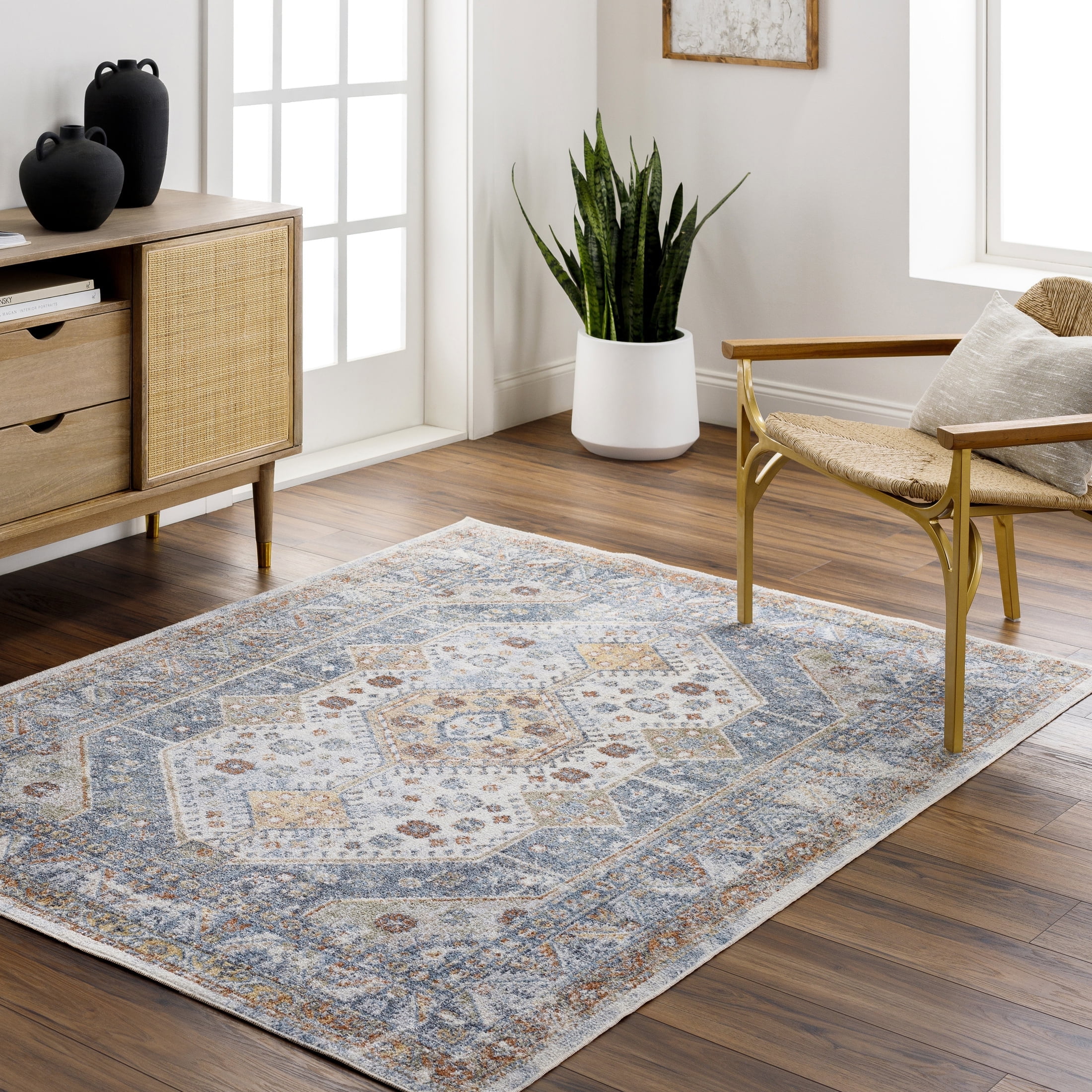 Livabliss Washable Rugs for Living Room, 7x9 Lillian Traditional Oatmeal Area Rug, Bedroom Dining Room Home Decor Stain Resistant Carpet (6'7" x 9')