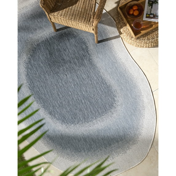 Livabliss Miami Beach Border Outdoor Area Rug, 9'2" x 12', Blue/Cream