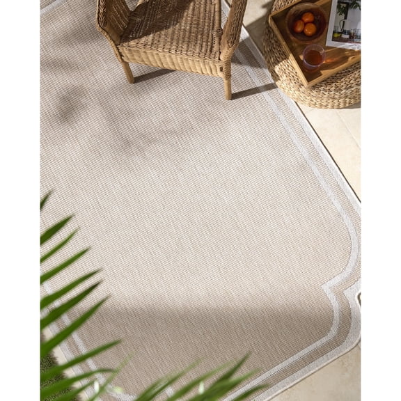 Livabliss Miami Beach Modern Border Outdoor Area Rug, 9'2" x 12', Beige/White