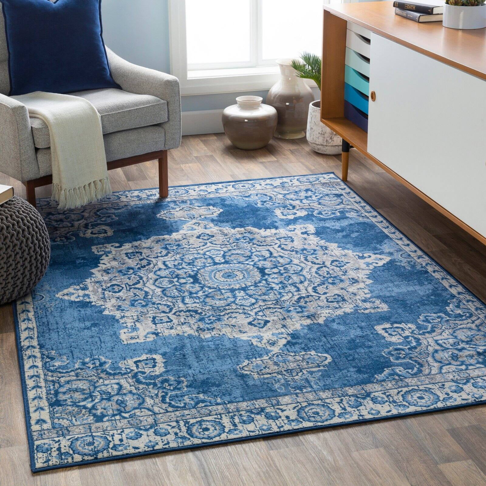 Navy and Gray Floral Medallion Synthetic Area Rug