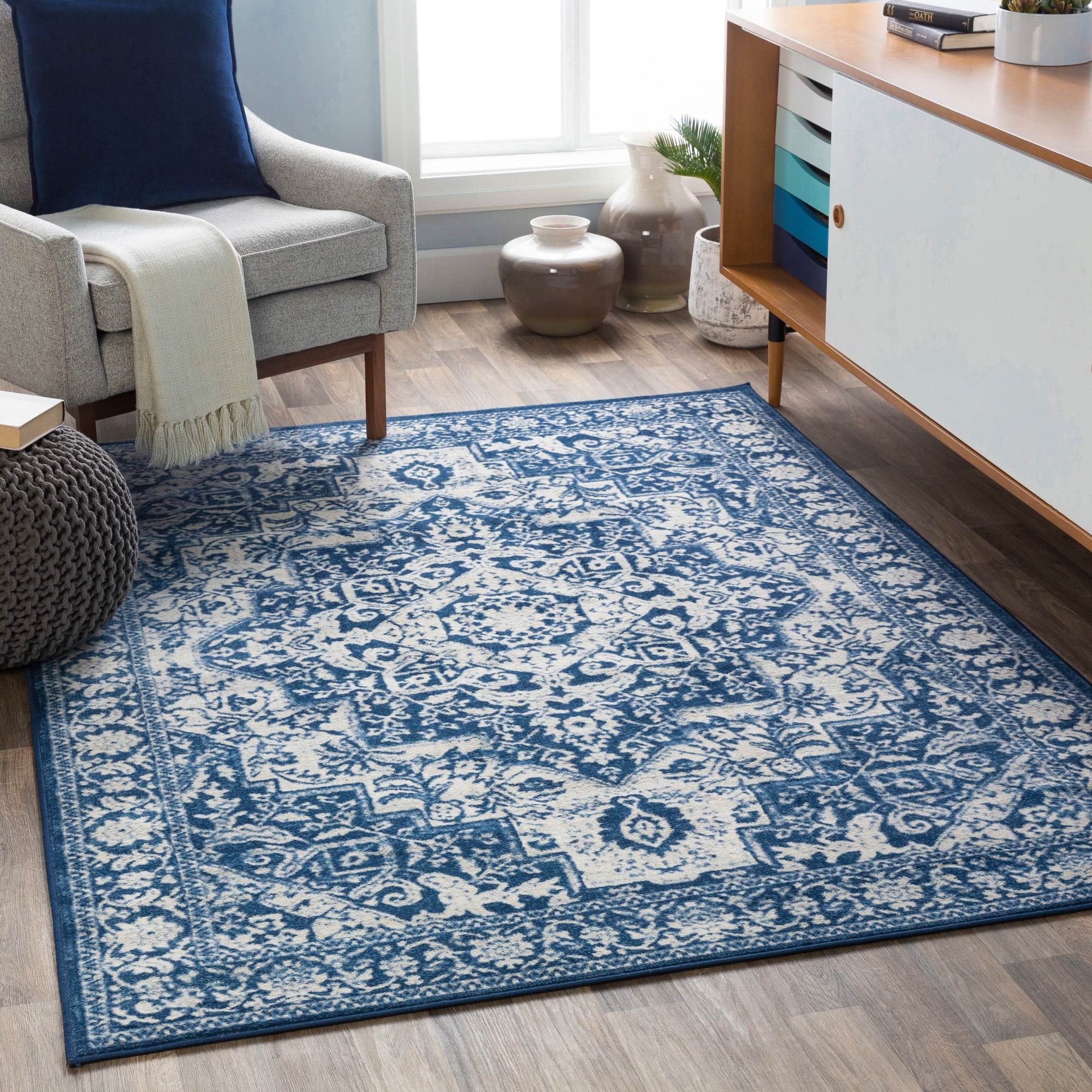 Navy Blue Rectangular Wool and Synthetic Area Rug, 6'7" x 9'6"