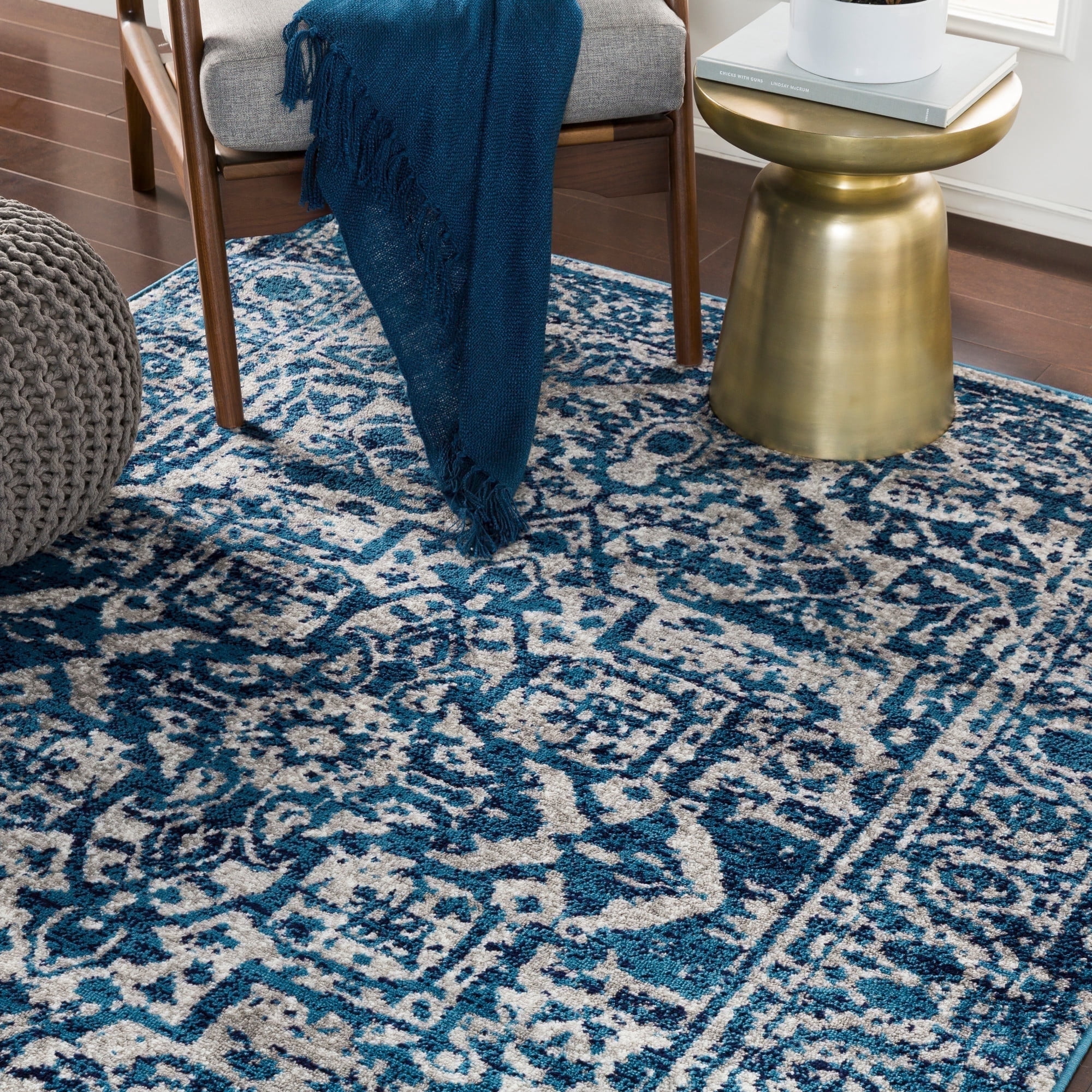 Livabliss Area Rugs for Living Room, 7x9 Monte Carlo Traditional Blue Rug, Bedroom Dining Room Home Decor Stain Resistant Carpet (6'11" x 9')