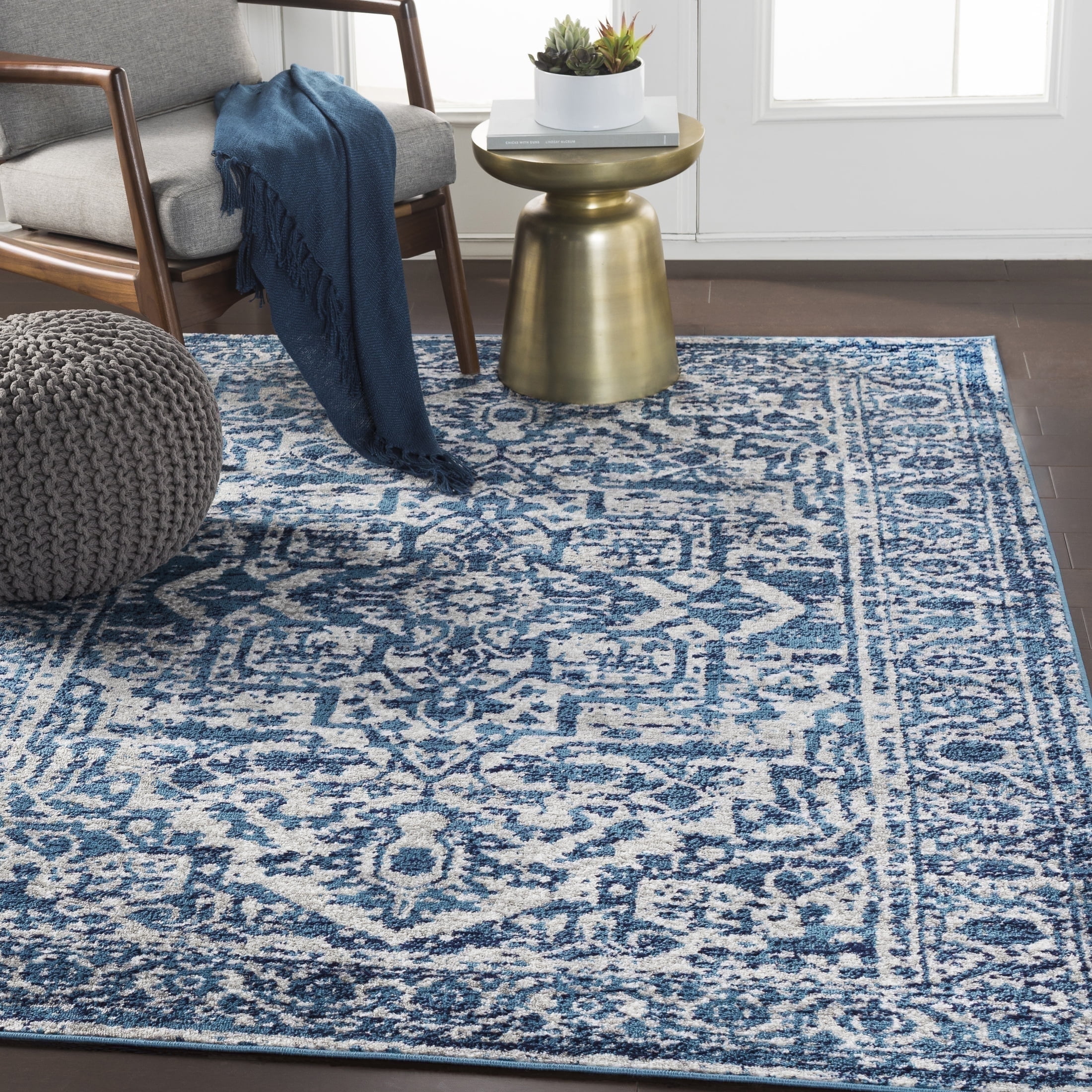 Livabliss Area Rugs for Living Room, 7ft Round Monte Carlo Traditional Blue Square Rug, Bedroom Dining Room Home Decor Stain Resistant Carpet (6'7" x 6'7")