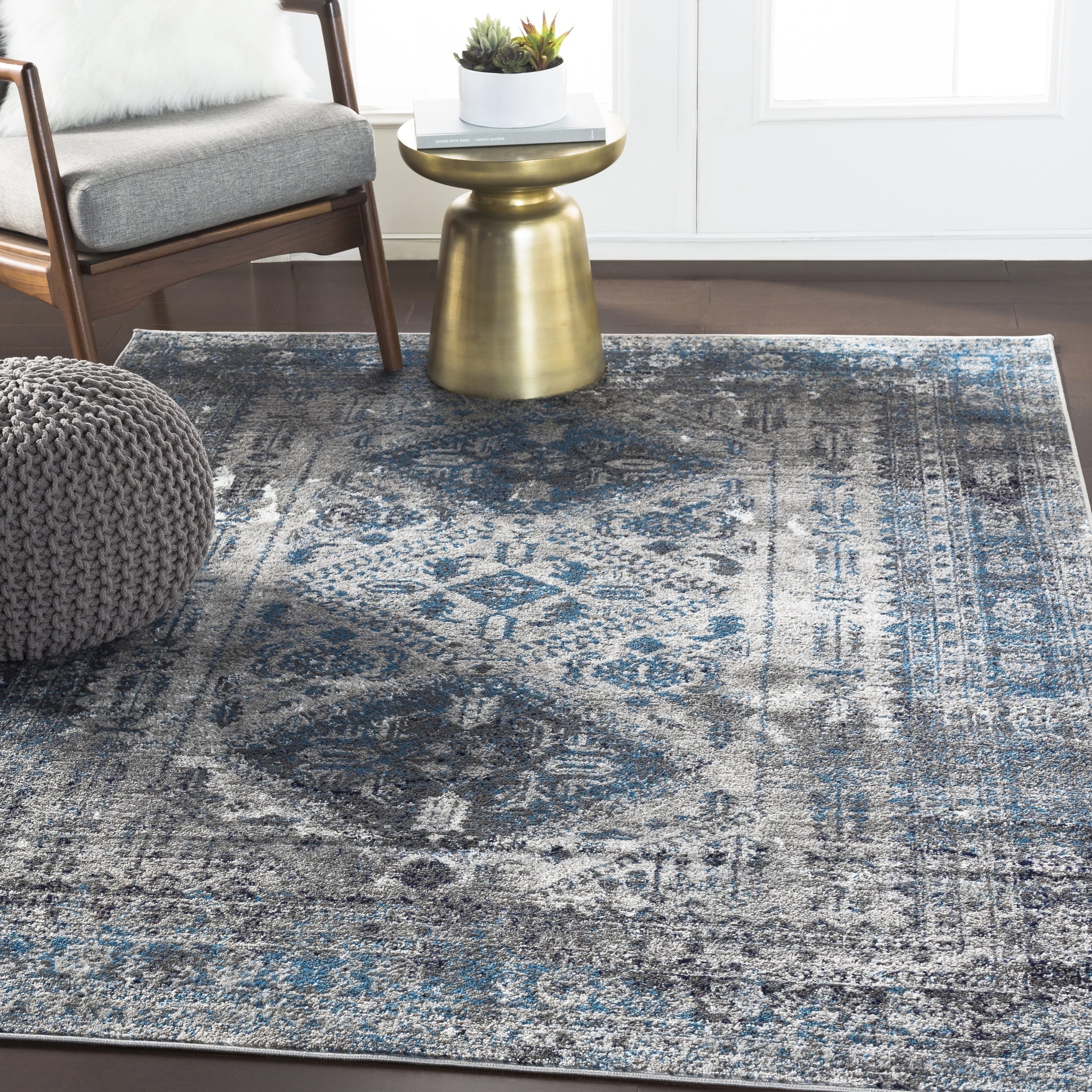 Livabliss Blue and Grey Synthetic Vintage Oriental Area Rug