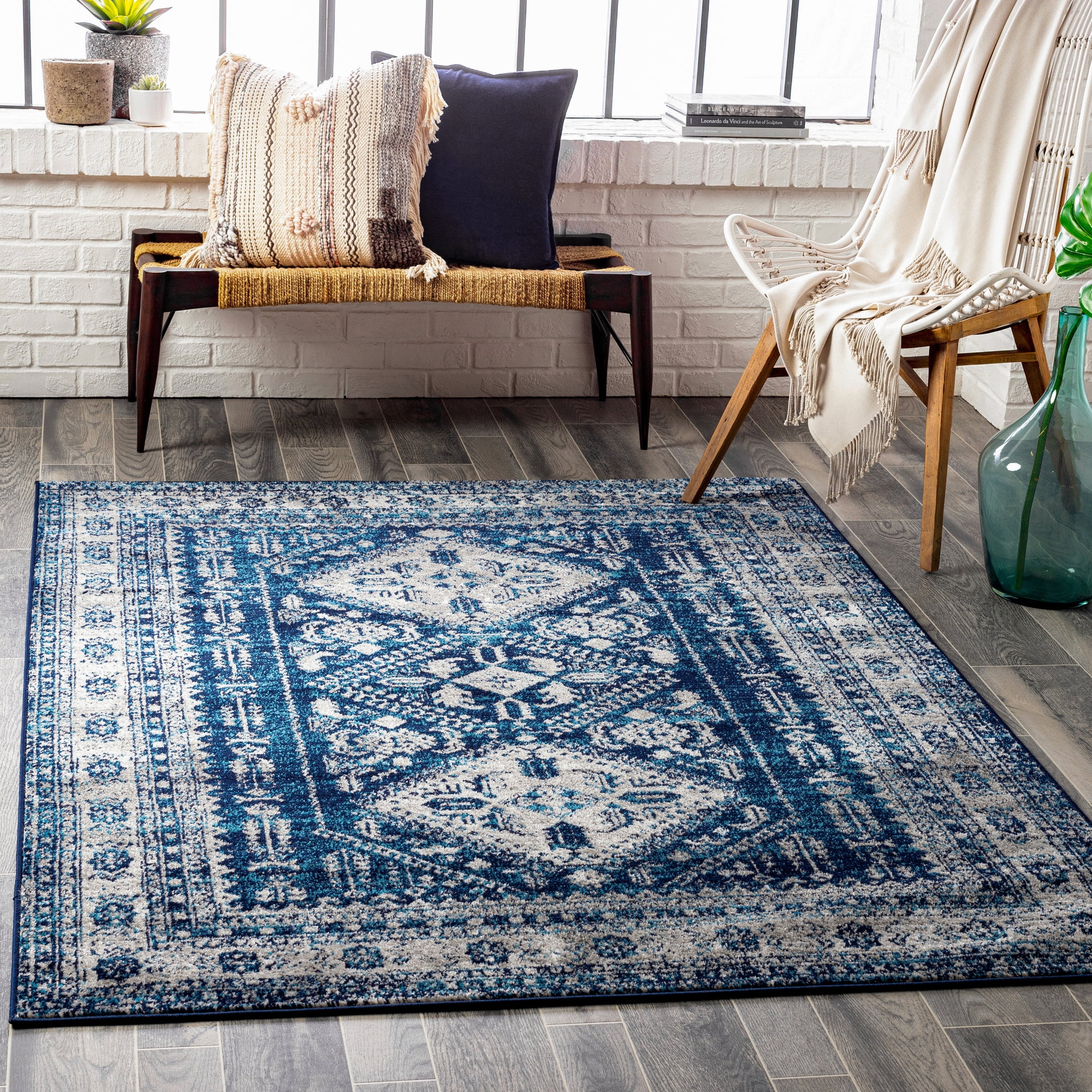Navy Rectangular Synthetic Stain-Resistant Area Rug, 6'11" x 9'