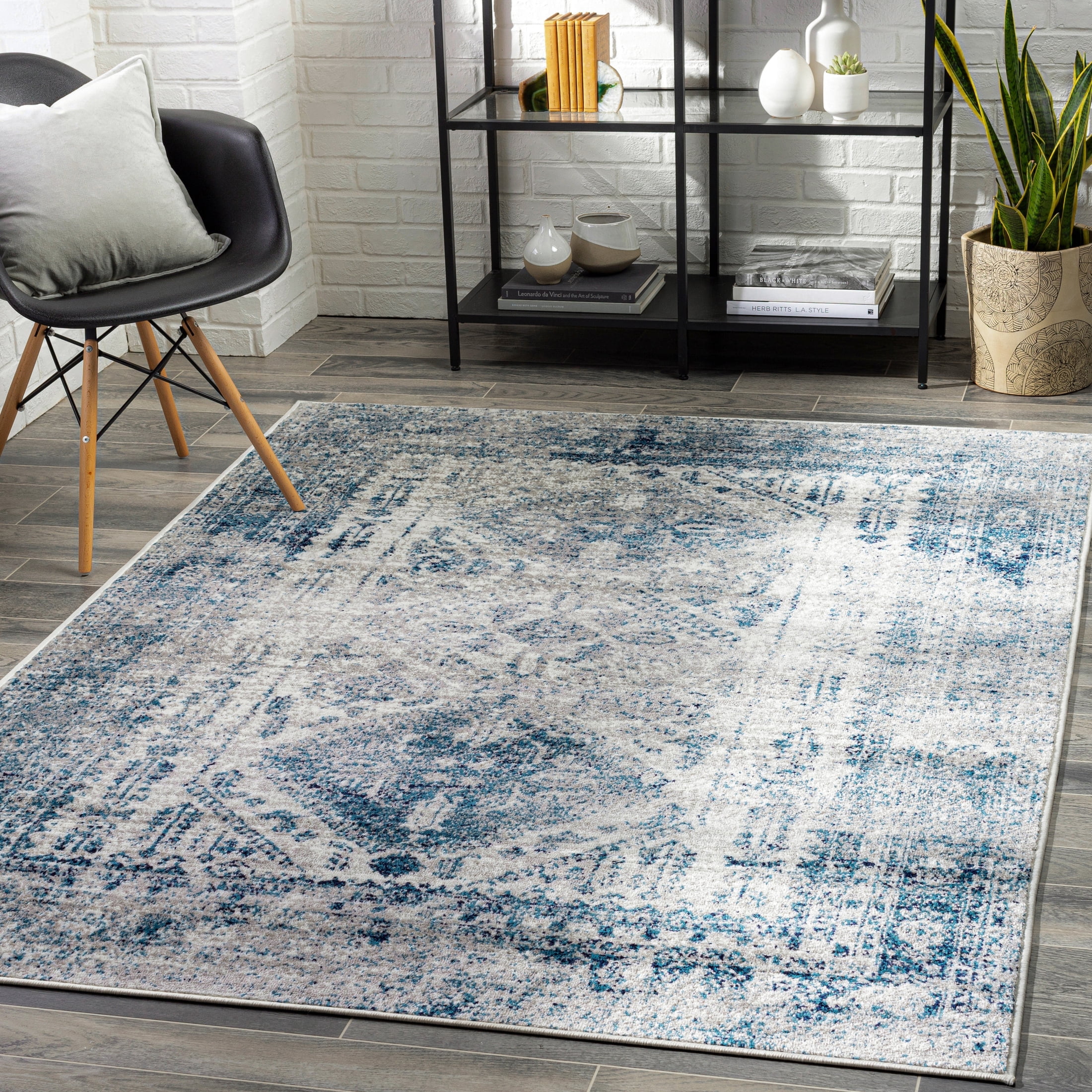 Blue and White Rectangular Synthetic Flat Woven Area Rug
