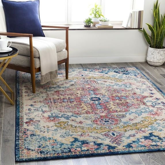 Livabliss Area Rugs for Living Room, 9ft Round Murat Traditional Aqua Square Rug, Bedroom Dining Room Home Decor Stain Resistant Carpet (7'10" x 7'10")
