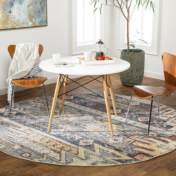 Livabliss Area Rugs for Living Room, 5ft Round New Mexico Rustic Blue Round Rug, Bedroom Dining Room Home Decor Stain Resistant Carpet (5'3" x 5'3")