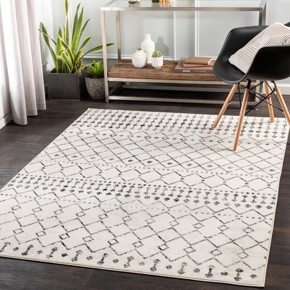 Livabliss Area Rugs for Living Room, 7ft Round Pisa Global Black Square Rug, Bedroom Dining Room Home Decor Stain Resistant Carpet (6'7" x 6'7")