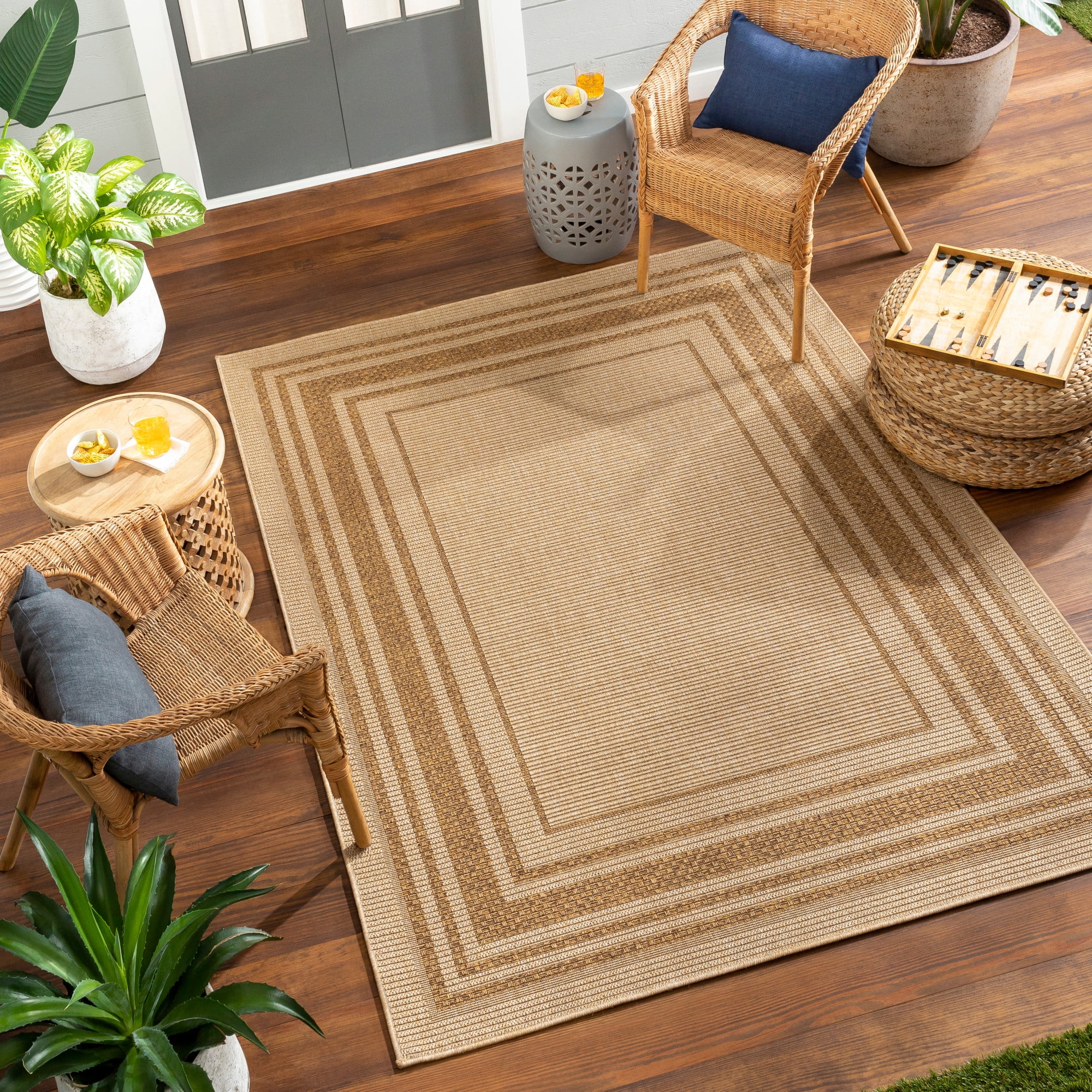 Livabliss Pismo Beach Border Outdoor/Indoor Area Rug, Beige ,9'2" x 12'