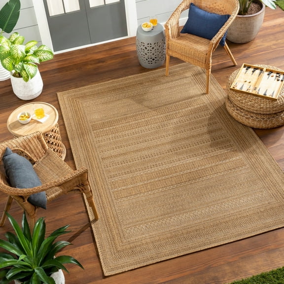 Livabliss Outdoor Rugs, 9ft Round Pismo Beach Modern Tan Round Area Rug for Patio, Porch, Deck, Backyard, Waterproof Indoor Outdoor Carpet (7'10" x 7'10")