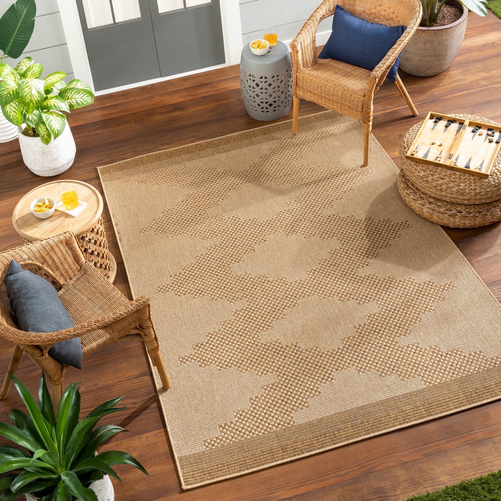 Livabliss Pismo Beach Modern Indoor/Outdoor Area Rug,7'10" Round,Tan