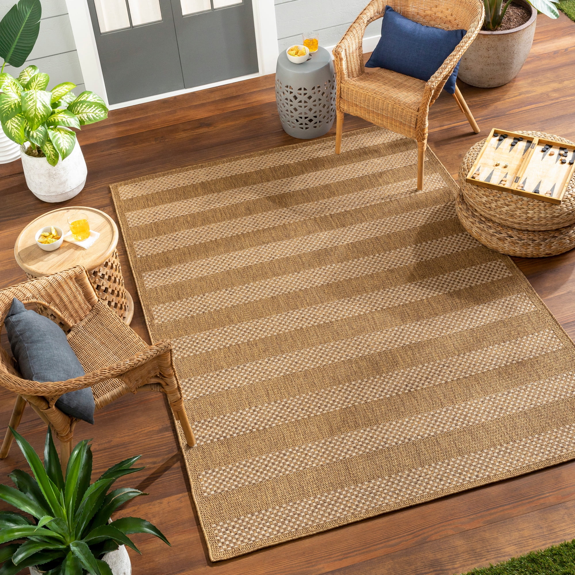 Beige Striped Synthetic Flat Woven Indoor/Outdoor Rug
