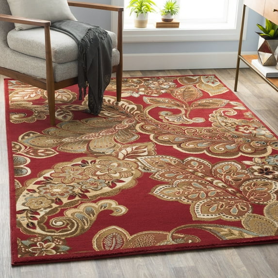 Livabliss Area Rugs for Living Room, 9ft Round Riley Traditional Red Round Rug, Bedroom Dining Room Home Decor Stain Resistant Carpet (7'10" x 7'10")
