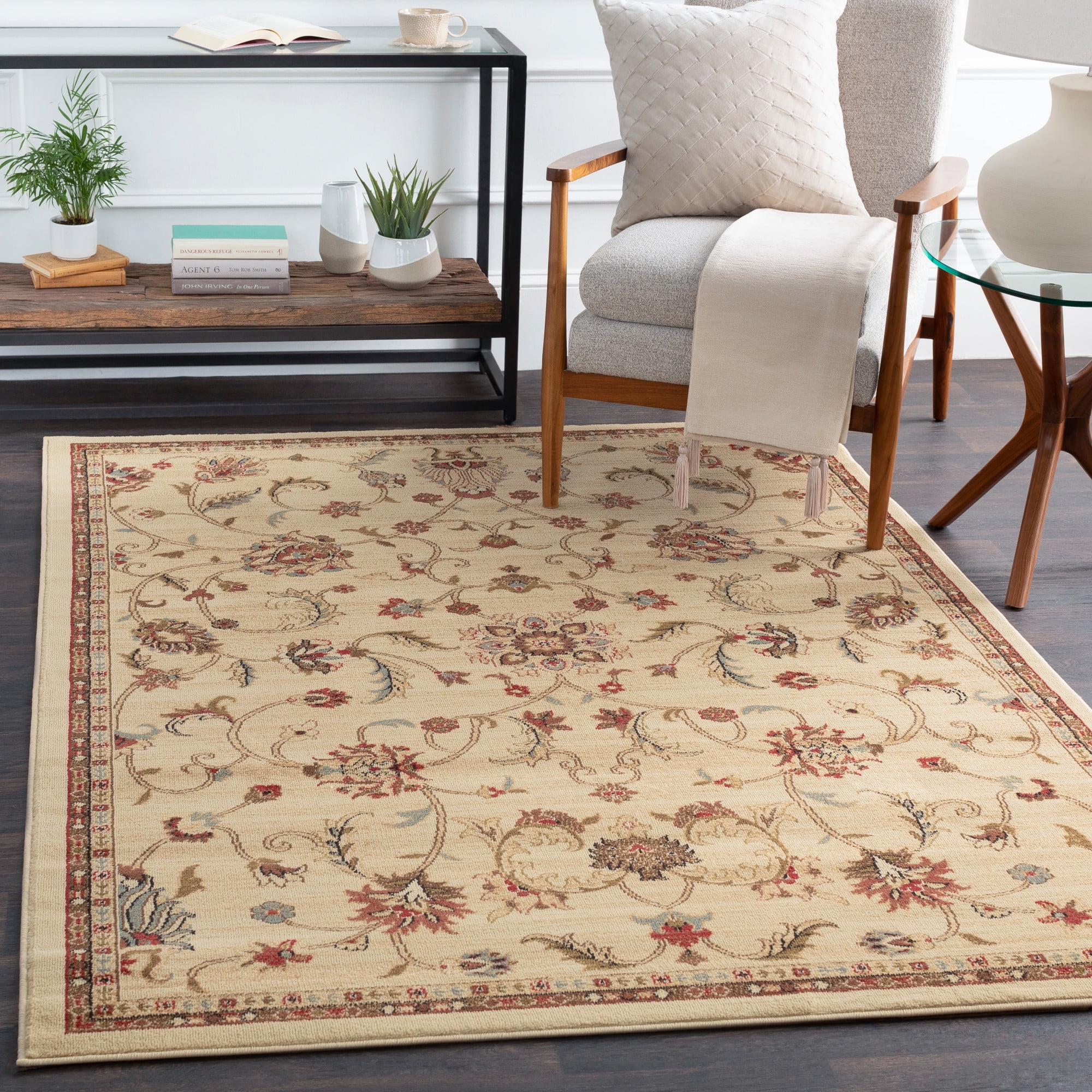 Tan and Red Synthetic Traditional Oriental Area Rug