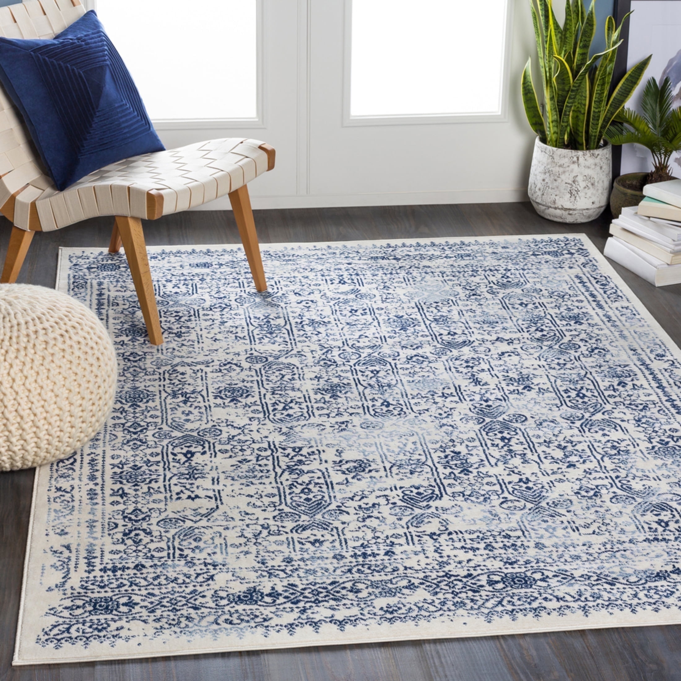 Roma Blue and White Synthetic Flat Woven Area Rug