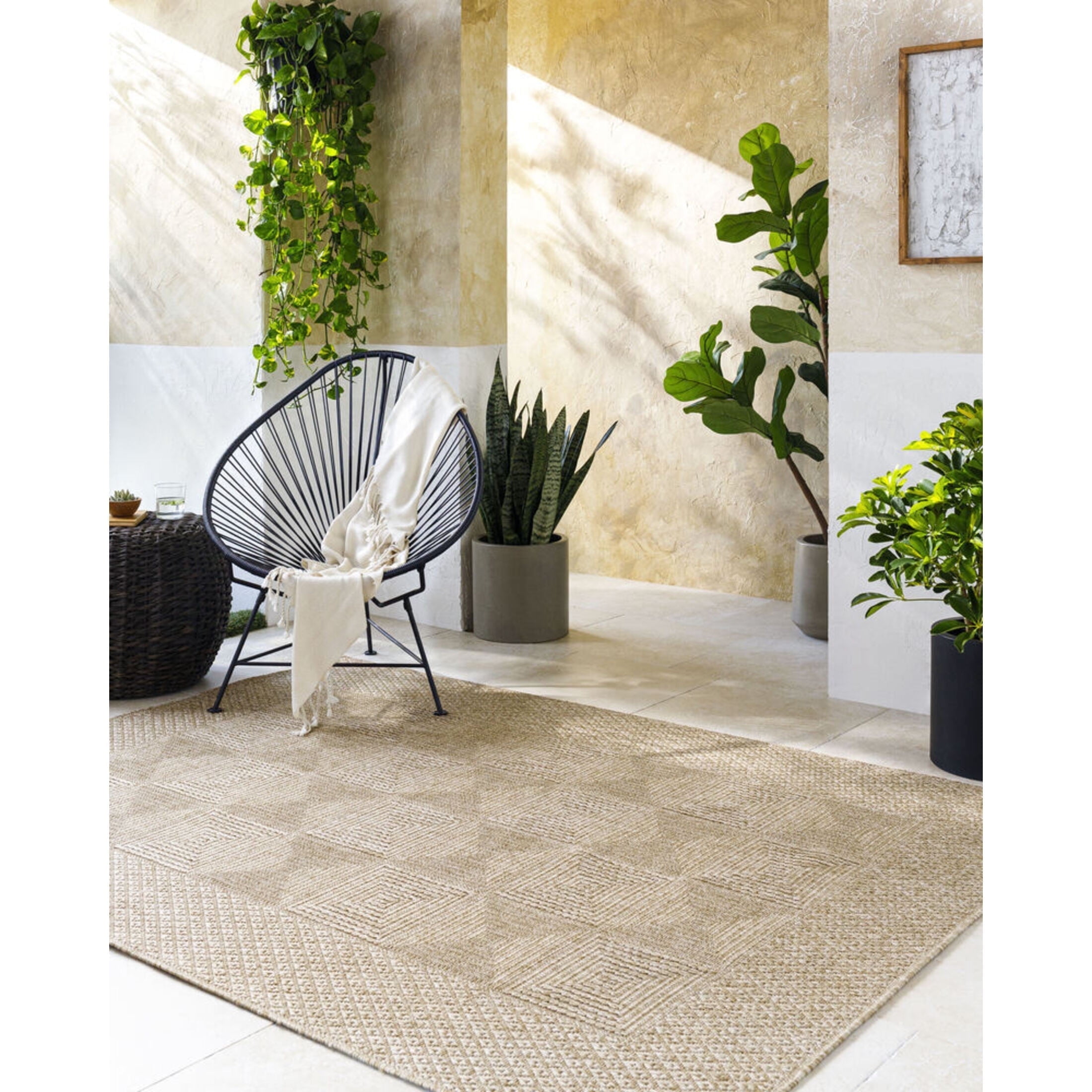 Livabliss Outdoor Rugs, 5x7 Sandra Cottage Beige Area Rug for Patio, Porch, Deck, Backyard, Waterproof Indoor Outdoor Carpet (5'3" x 7')