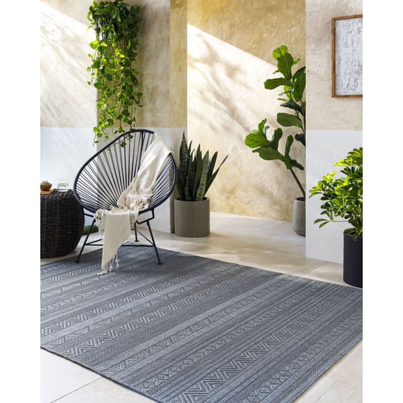 Livabliss Outdoor Rugs, 7x9 Sandra Global Charcoal Area Rug for Patio, Porch, Deck, Backyard, Waterproof Indoor Outdoor Carpet (6'7" x 9')