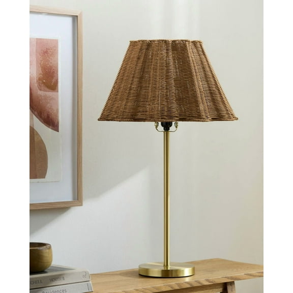 Livabliss Table Lamps, 28" Foix Cottage Bedside Nightstand Table Lamp for Bedroom Living Room Office, Metallic - Brass Body with White Brown Shade (28"H x 17"W x 17"D)