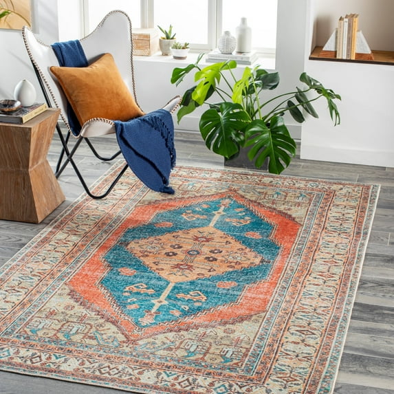 Livabliss Tahmis Vintage Washable Area Rug,5'3" x 7'3",Blue/Peach